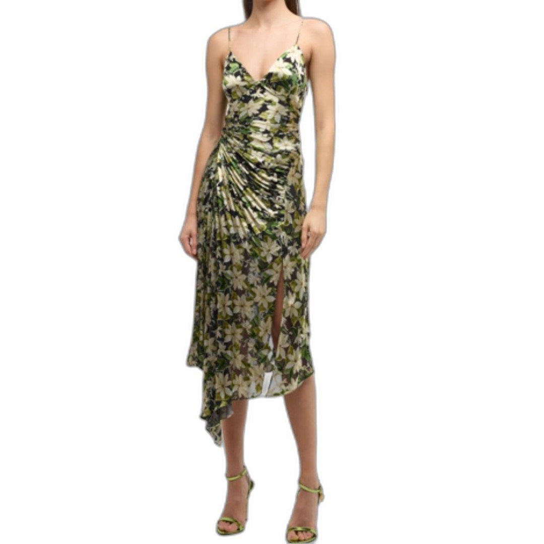Alice And Olivia Floral Shawna Dress Size 4 Women Side Ruched Asymmetric Slit