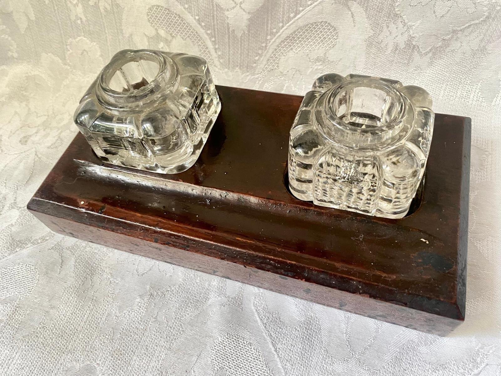 Vintage Wooden Glass Inkwell Set