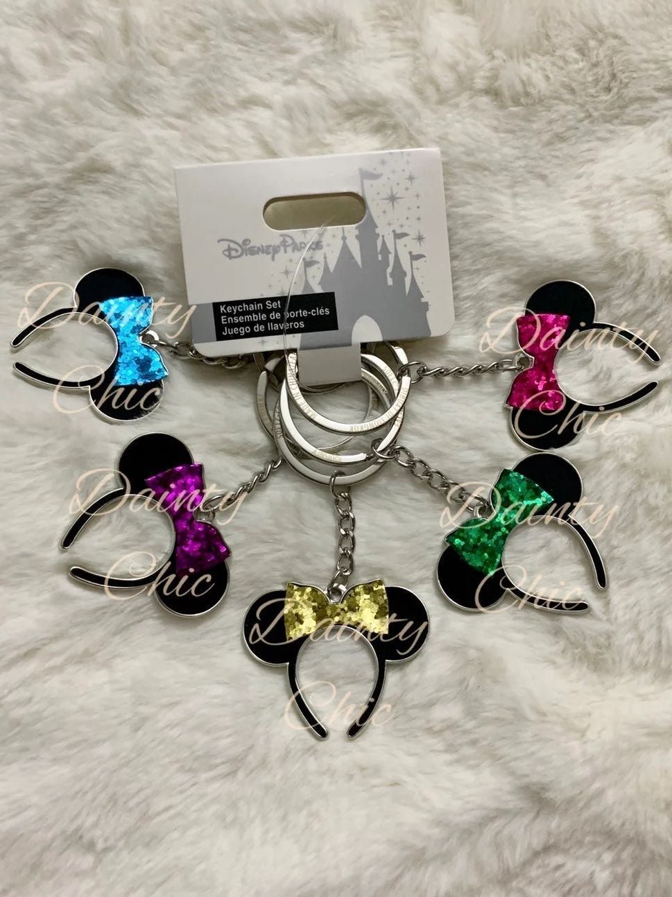 Disney Parks Glitter Minnie Ear Heaband Keychain Set