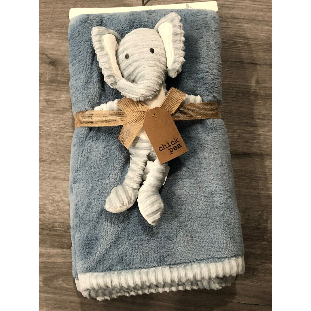 Chick Pea Baby Blanket + Elephant Lovey Set Blue Gray Textured Ribbed Trim New