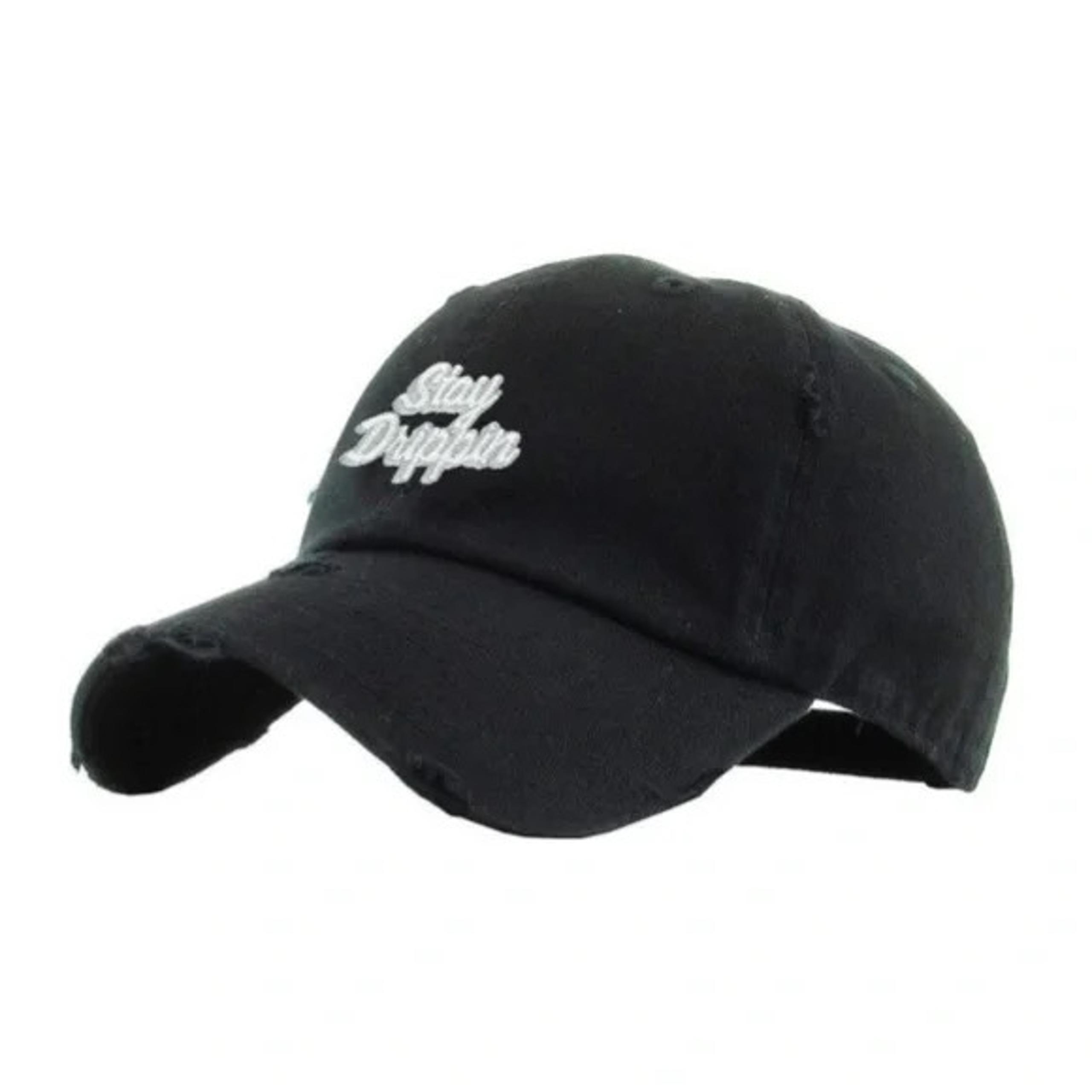 New! Men's Black Stay Drippin Vintage Distressed Fitted Dad Hat