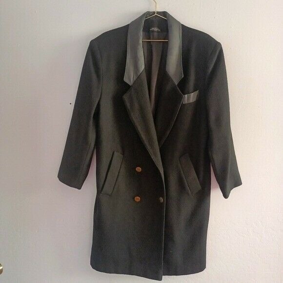 ADA Wool Leather Trim Double Lined Vintage 80s Double Breasted Coat Size 11/12