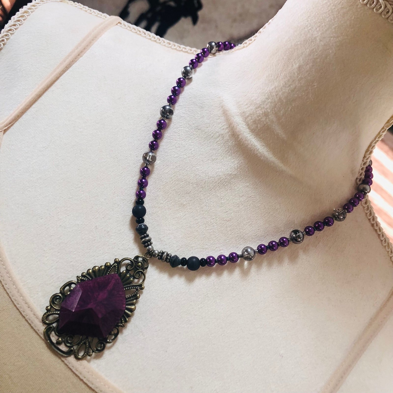 Handcrafted repurpose filigree geometric stone medallion beaded necklace