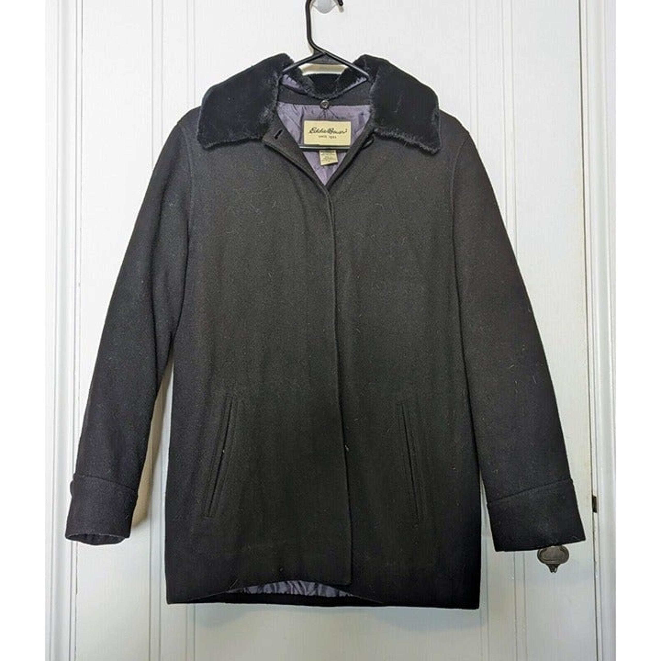 Eddie Bauer Wool Pea Coat Women’s Small Black Fur Collar Vintage