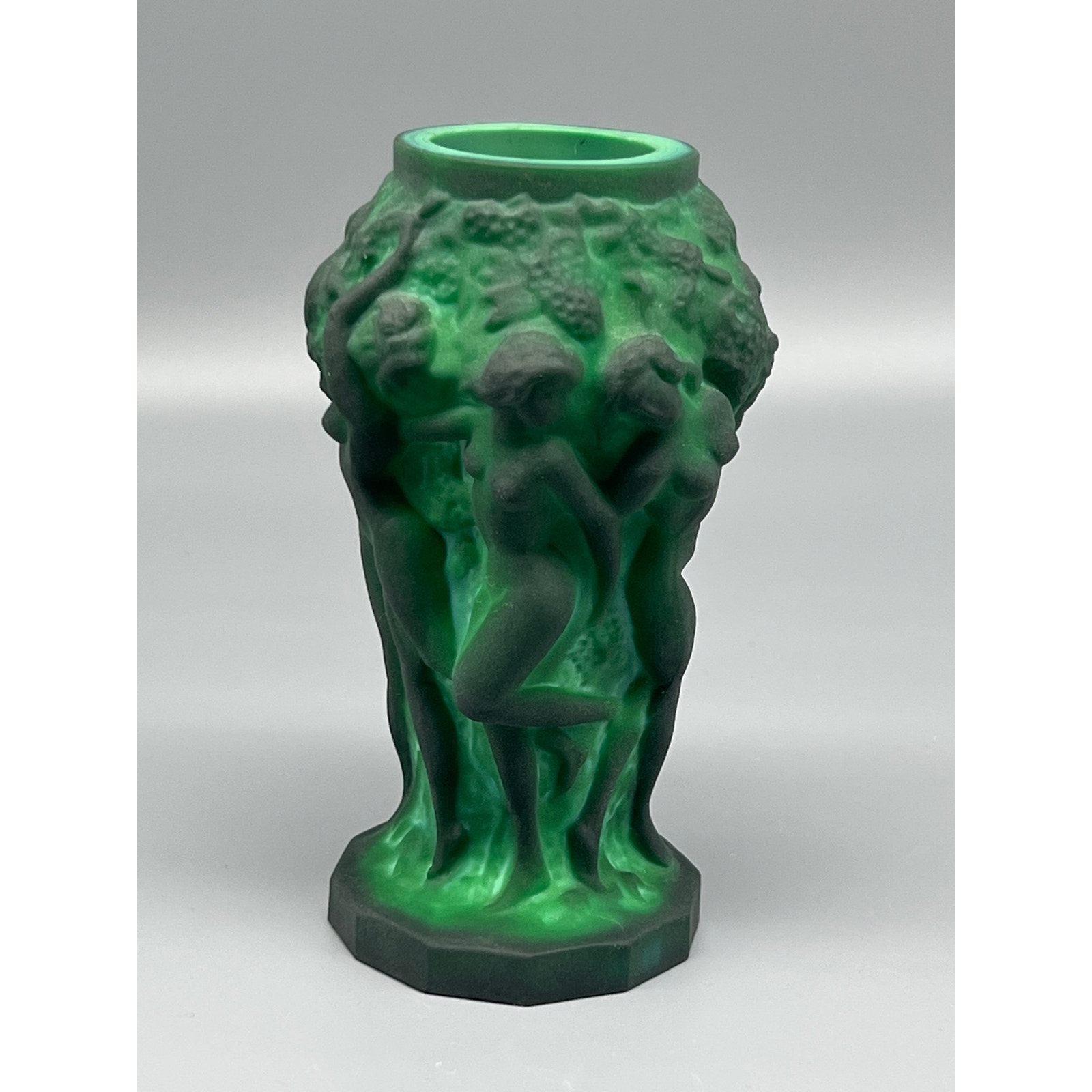 Antique Art Deco HandMade BOHEMIA Malachite Green Nudes Vase Czech Glass READ