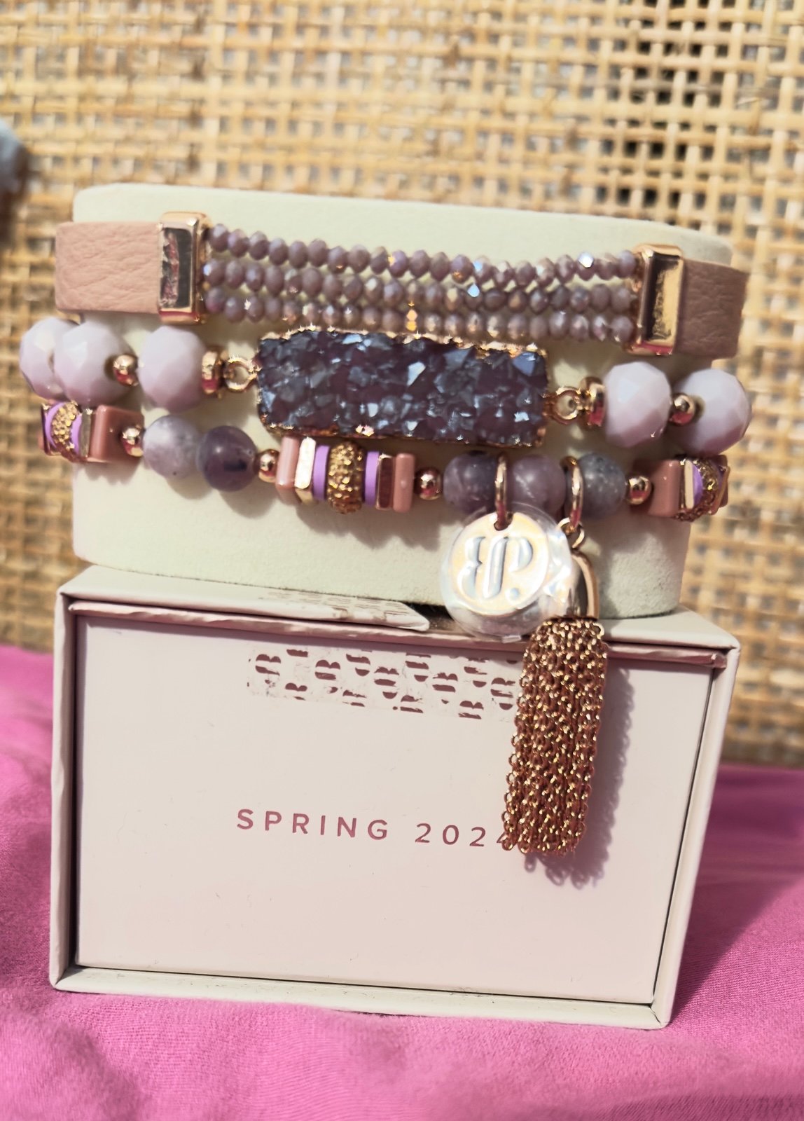 Bomb-party vintage stack on rose gold with lab crates purple stones & druzy