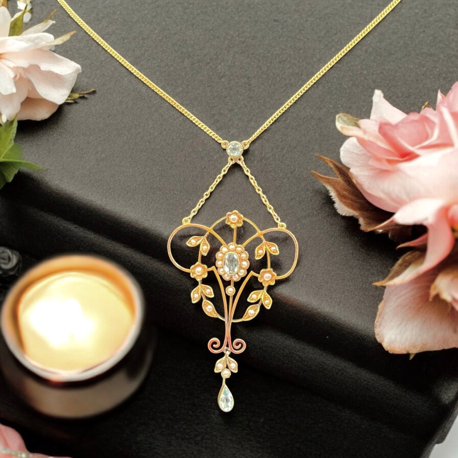 Atq 10K Yellow Gold Edwardian Aquamarine Seed Pearl Lavaliere Pendant Necklace
