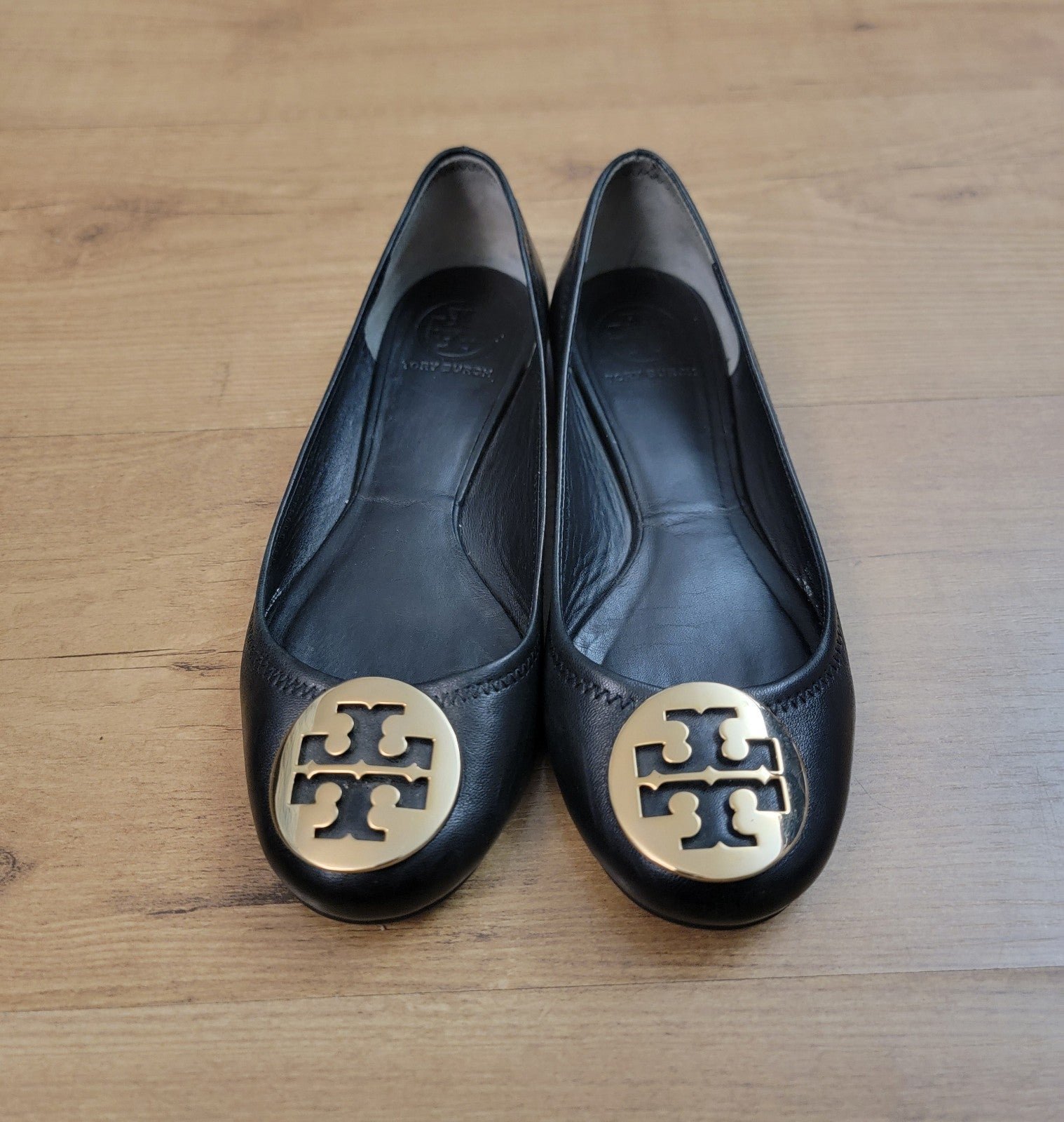 Tory Burch Black Leather Gold Logo Flats
