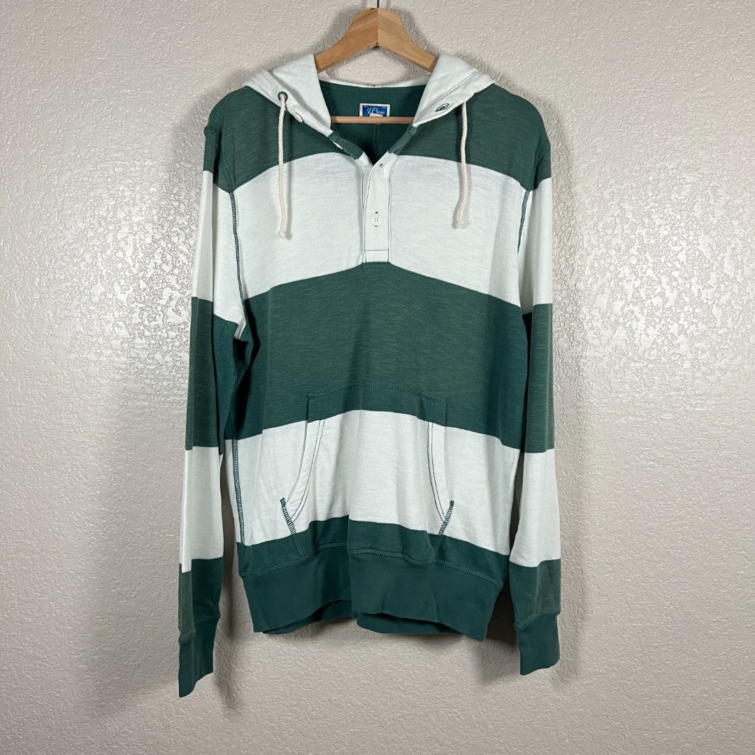 J Crew Mens Green Striped French Terry Hoodie Sunfaded Henley Knit Nautical M