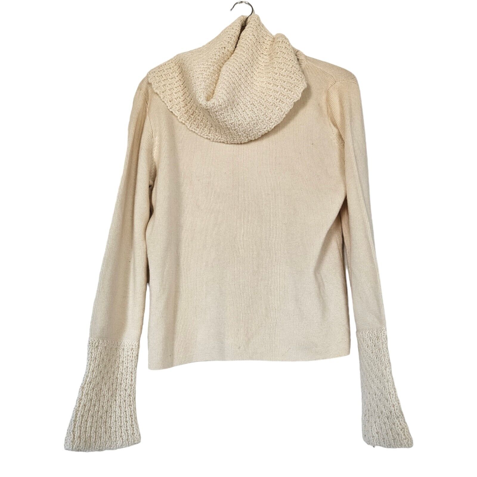 Deane & White Merino Wool Sweater Womens L Cream Crochet Cowl Neck Accent Cuff