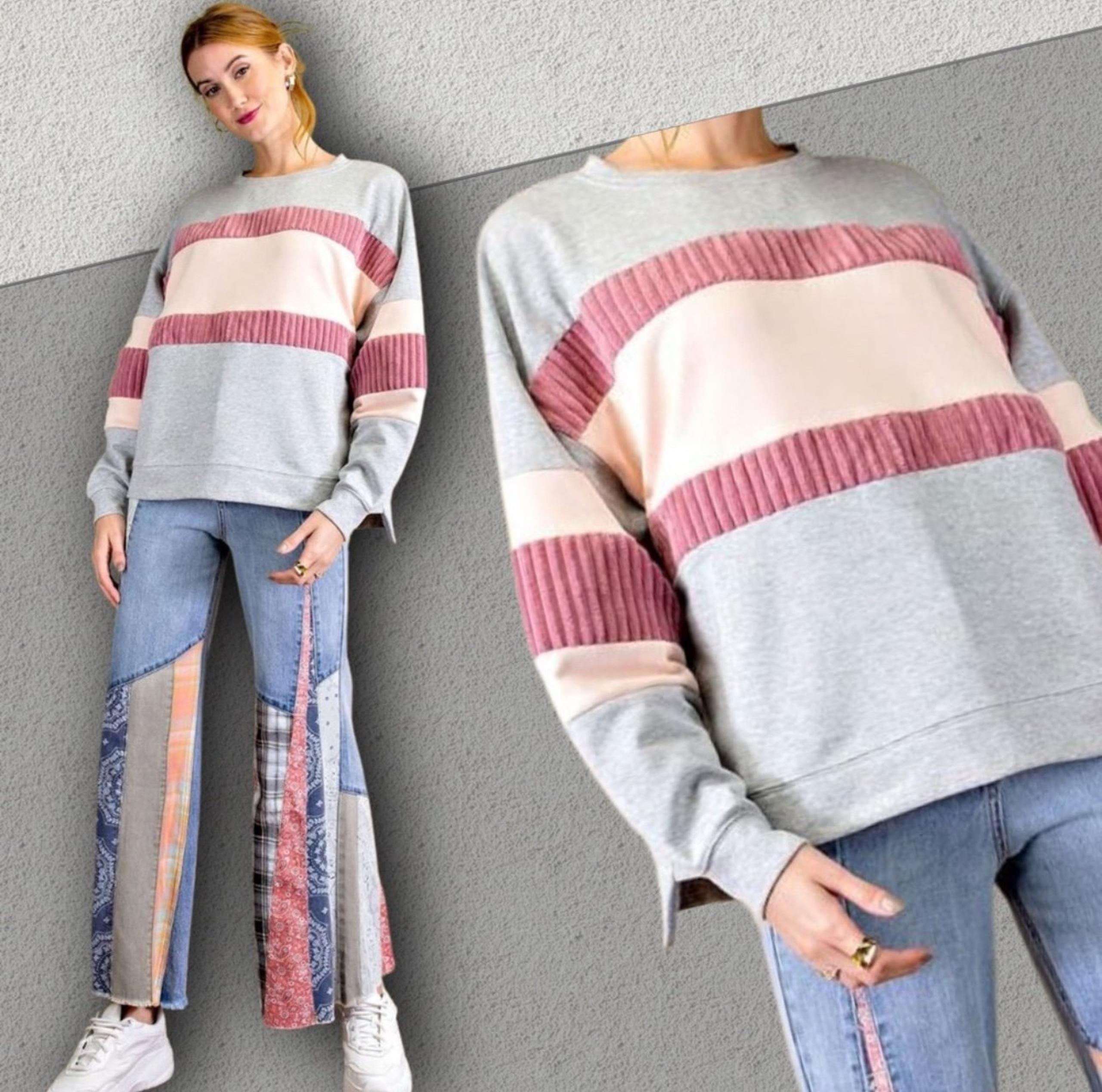 Easel Sweater Anthropologie pink furry cords corduroy gray boho chic preppy