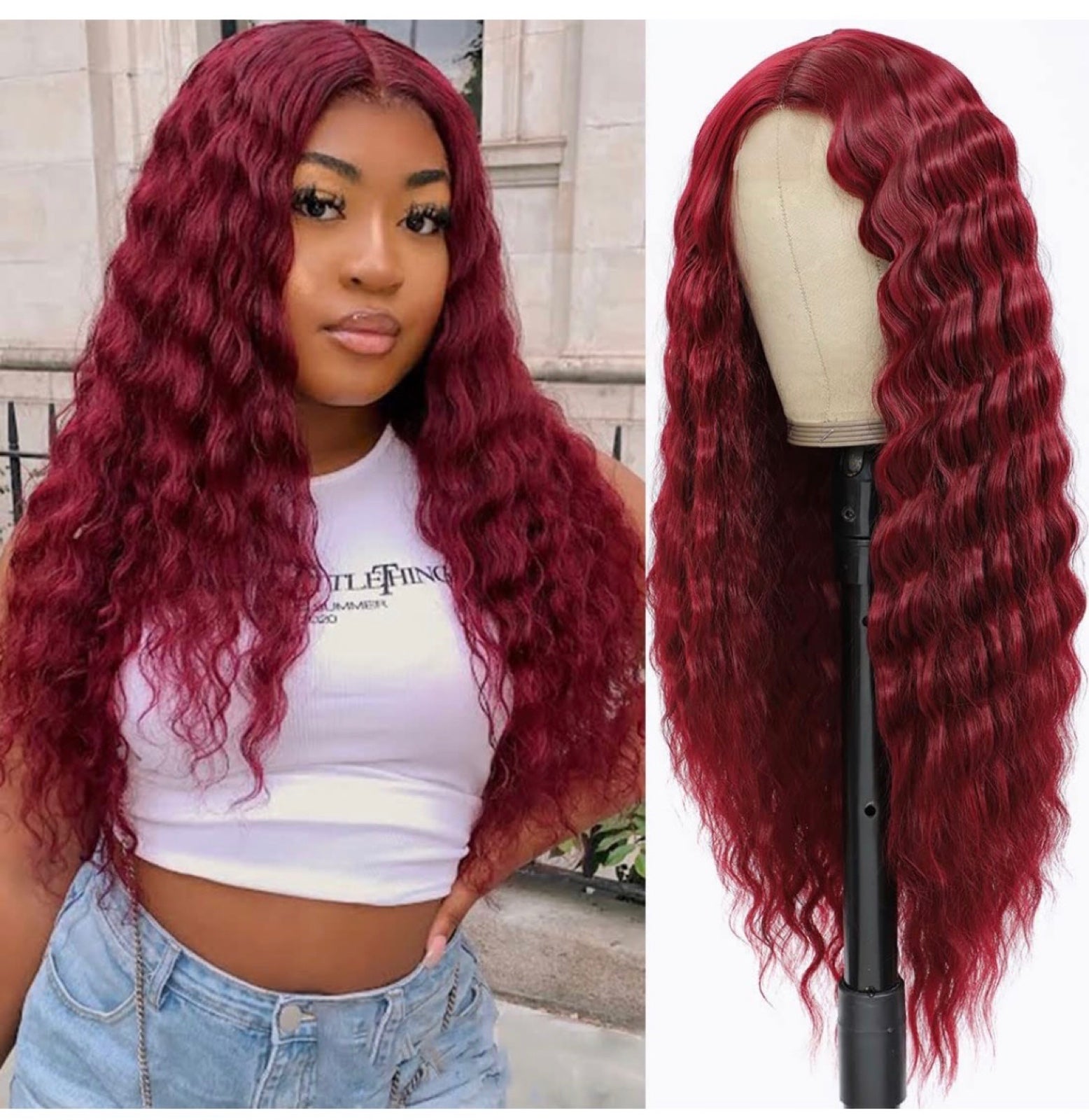 Human hair blend lace front wine red curly wig