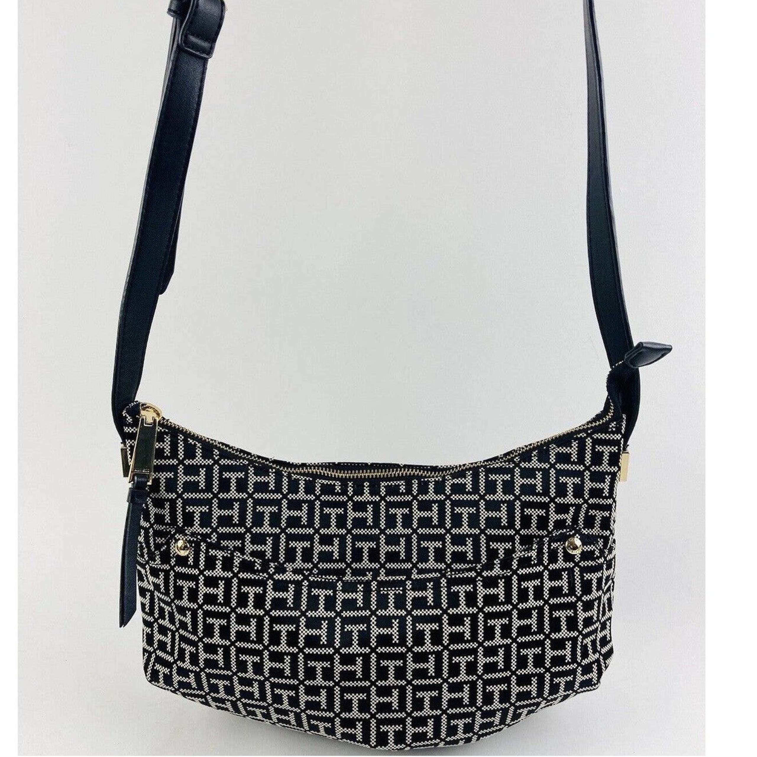 Tommy Hilfiger Tote Handbag Black Purse Outside Pocket Shoulder Bag Grey Moon TH