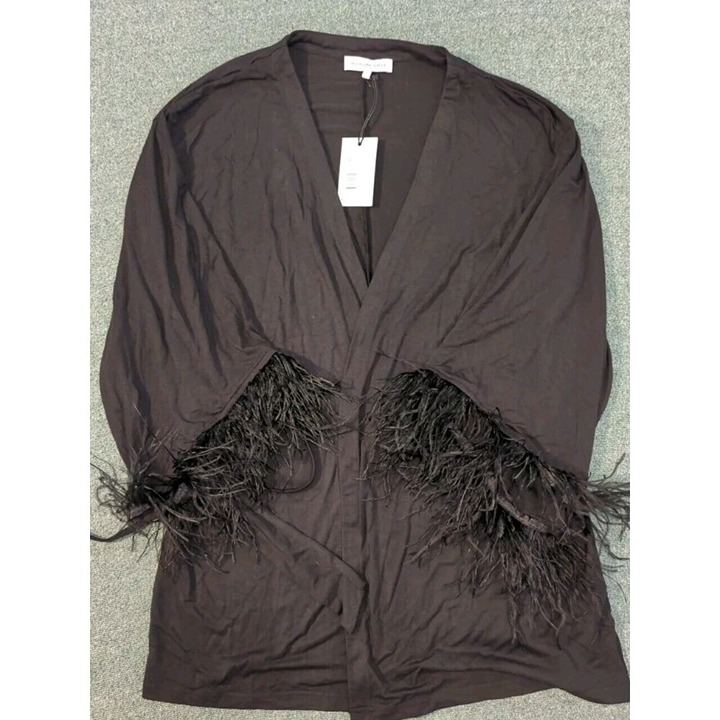 We Wore What Feather Robe Black, XS NWT, Soft Modal, Waist Tie
