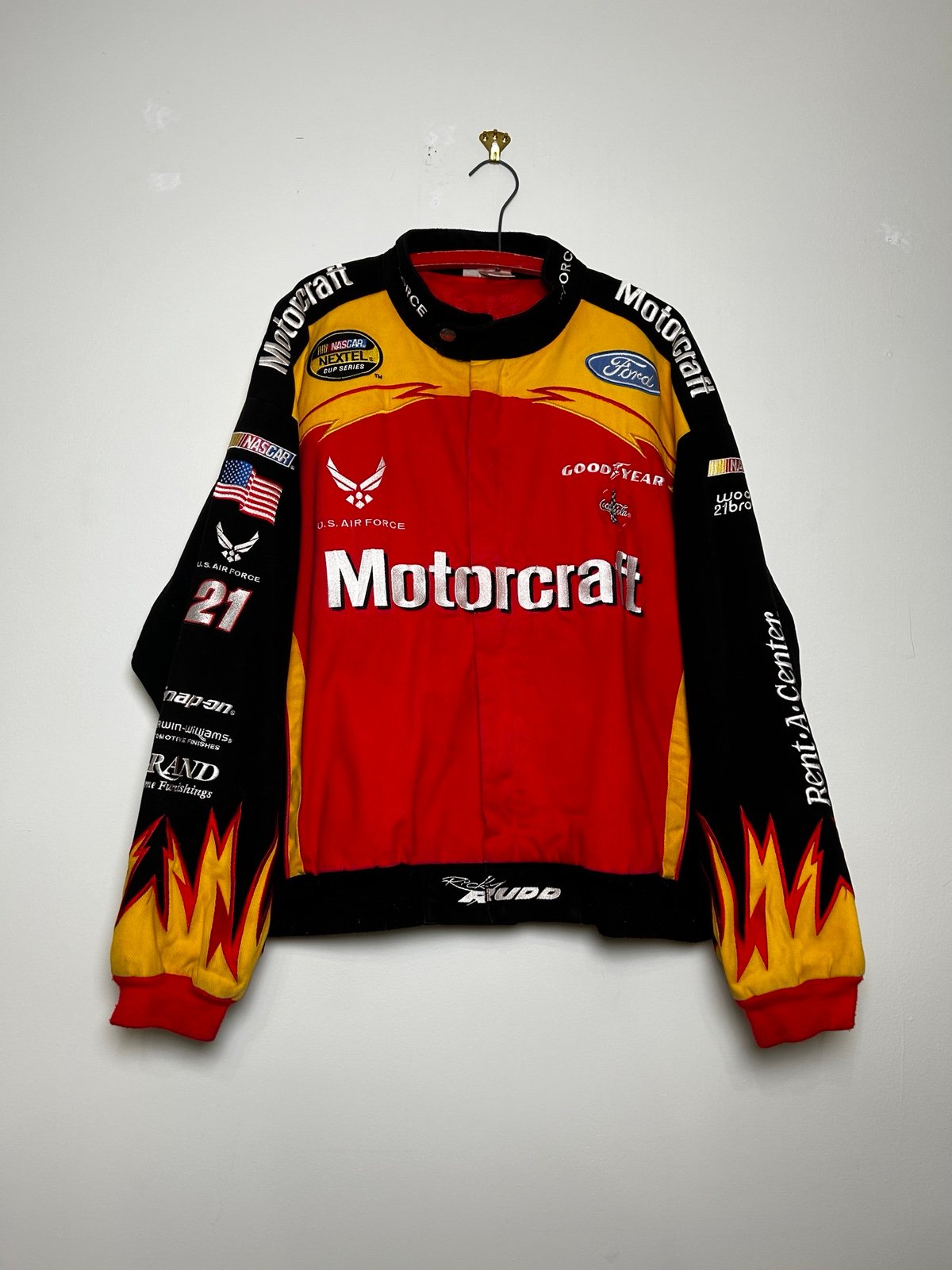 Vintage NASCAR Racing Jacket Flames Motorcraft Team Caliber Ricky Rudd XL VTG