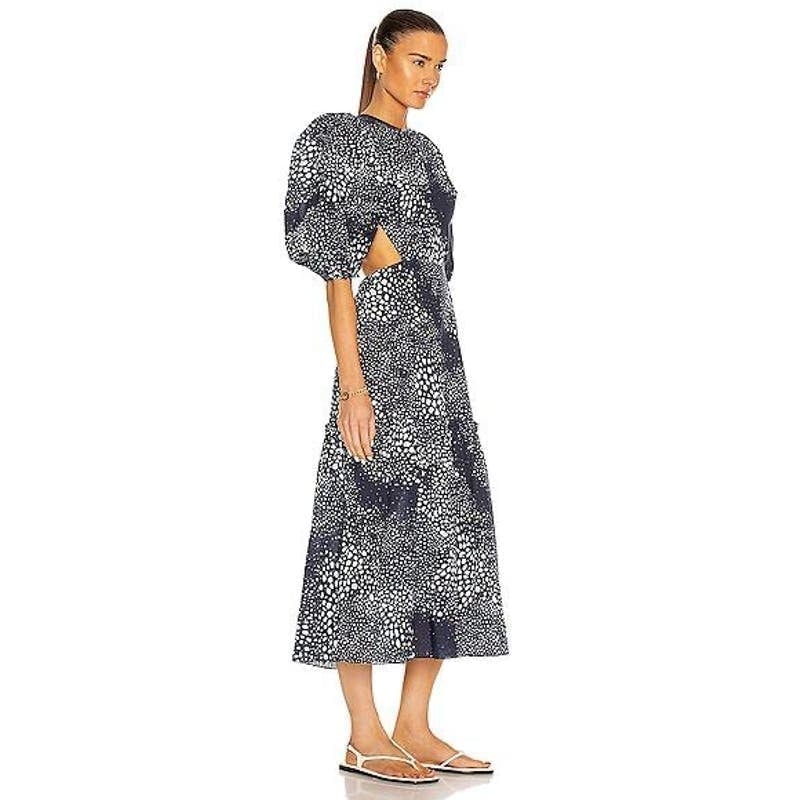 ADRIANA DEGREAS Serpent Puff Sleeve Midi Dress In Navy & Off White Large