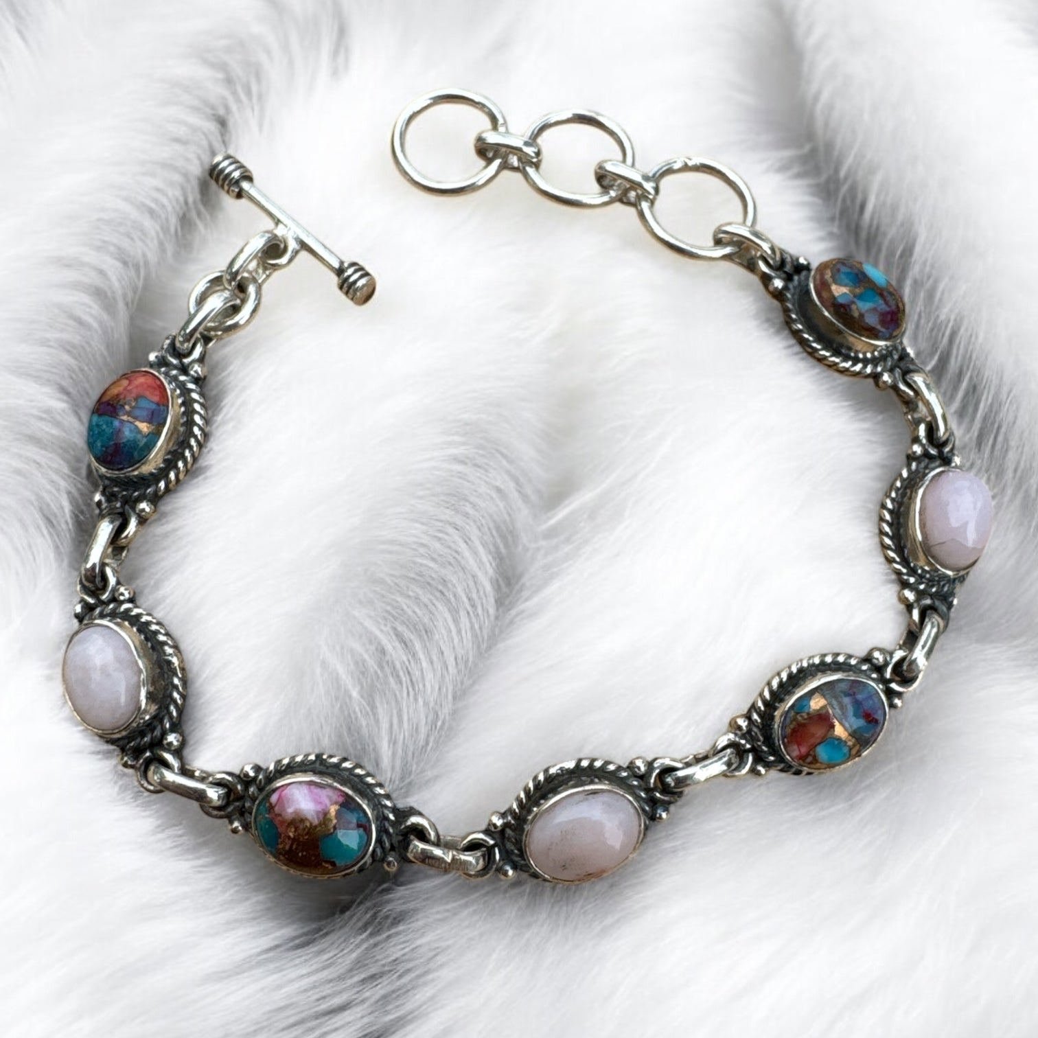 Pink Opal & Dahlia Solid 925 Sterling Silver Bracelet