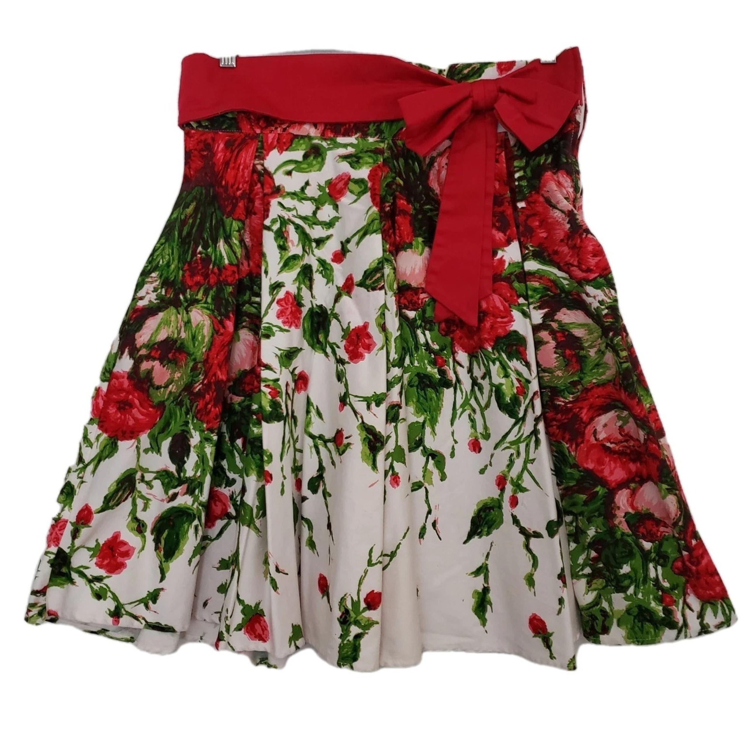 Pinup Couture XL Red Floral Bow Full Pleated Skirt Retro Rockabilly