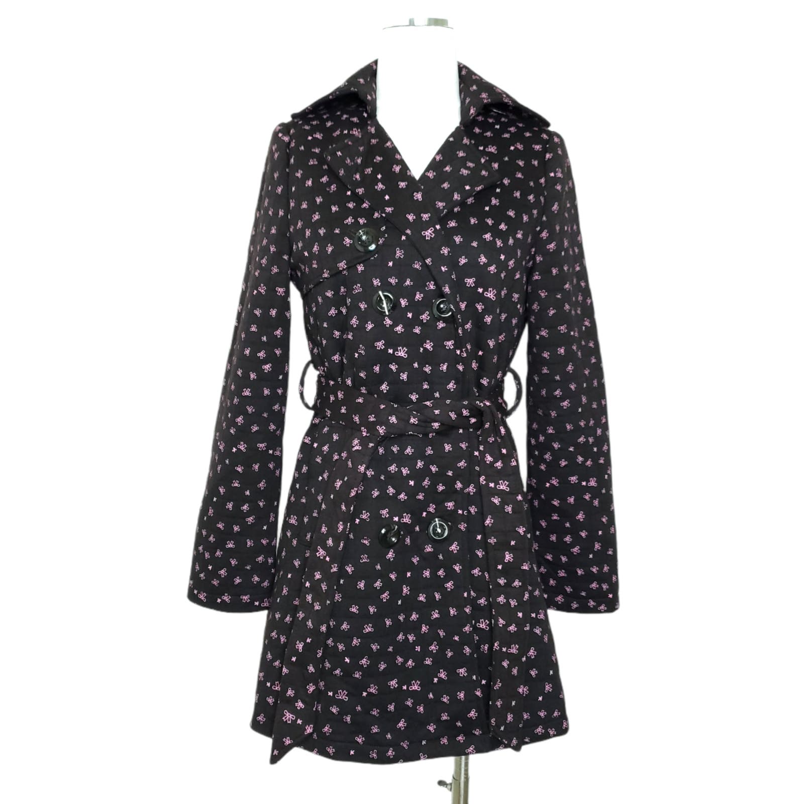 Needle & Thread Bow Printed Trench Coat Jacket M Brown Pink Belted