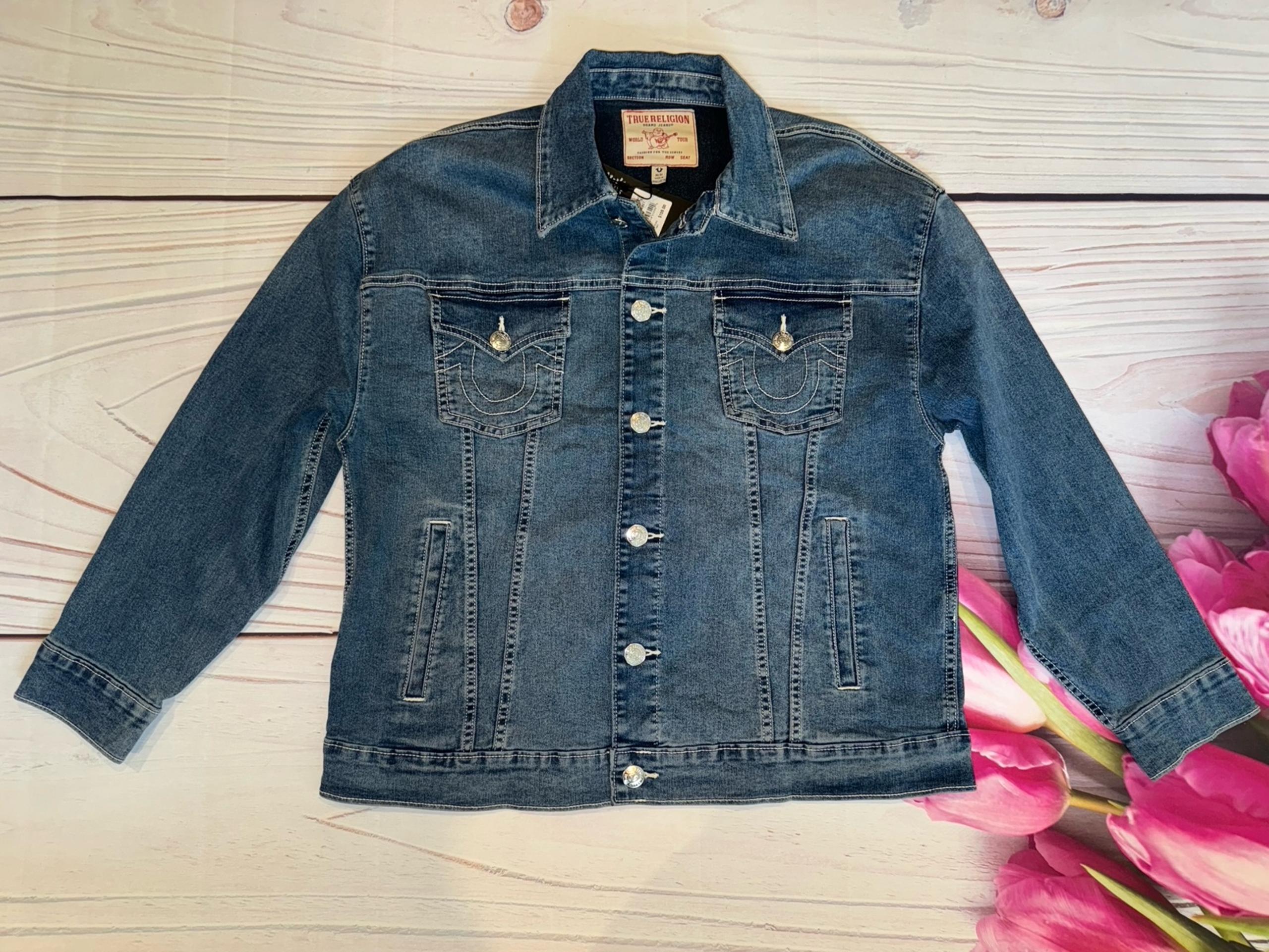 New True Religion Women’s Oversized Glitter Denim Jacket Size Medium Blue $159