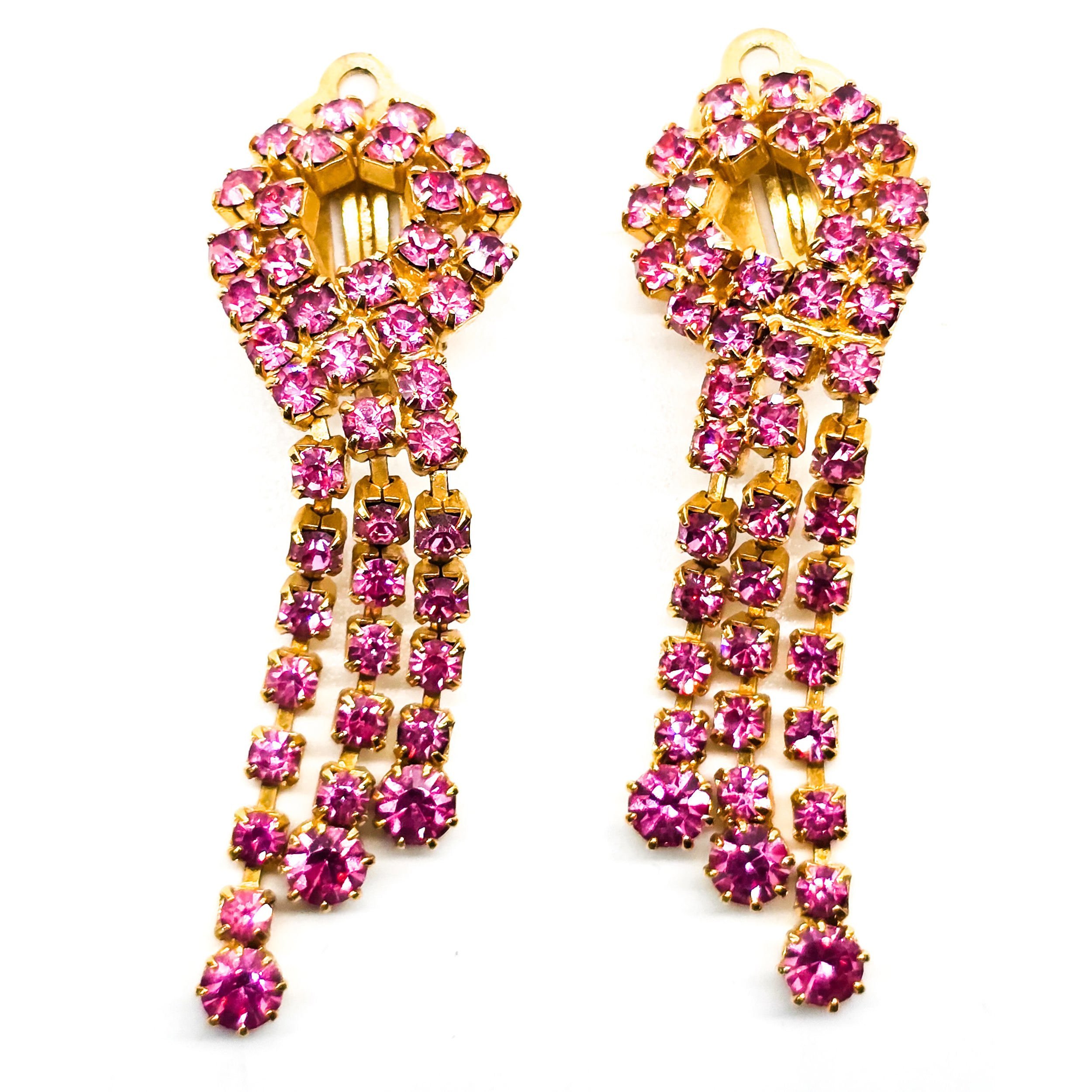 Pink Waterfall Retro gold plated vintage 1970's clip on earrings over 2 long