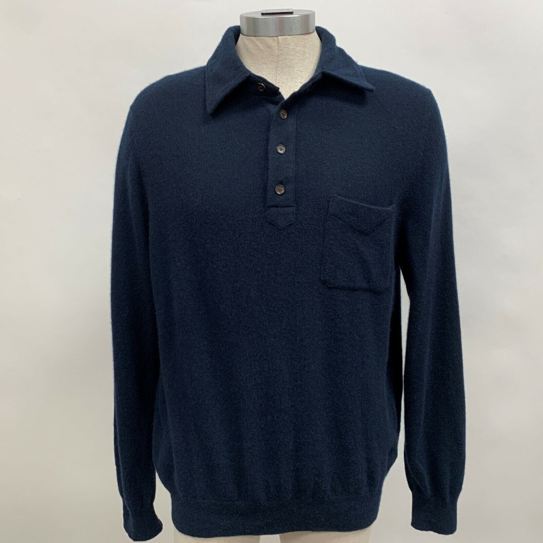 Fairway & Greene Men's Sweater Medium Navy Blue 100% Pure Cashmere Collared
