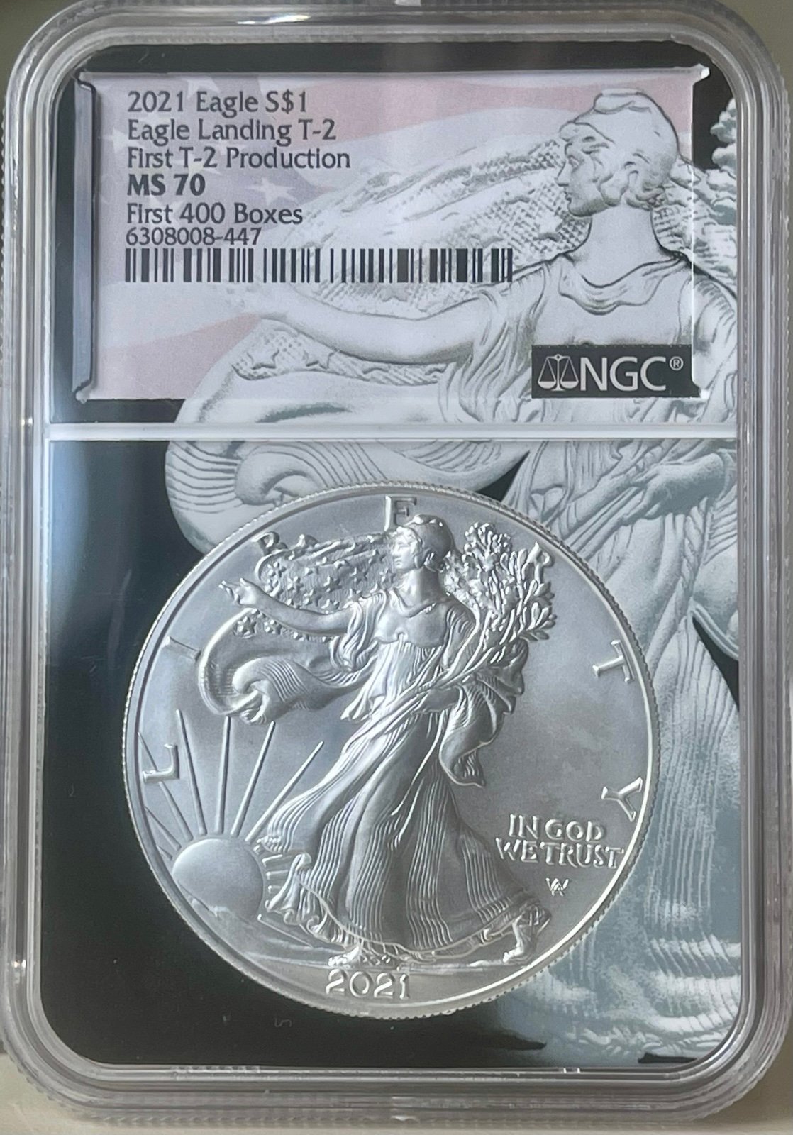 2021 Type 2 NGC Graded MS70 “First 400 Boxes” American Silver Eagle Dollar