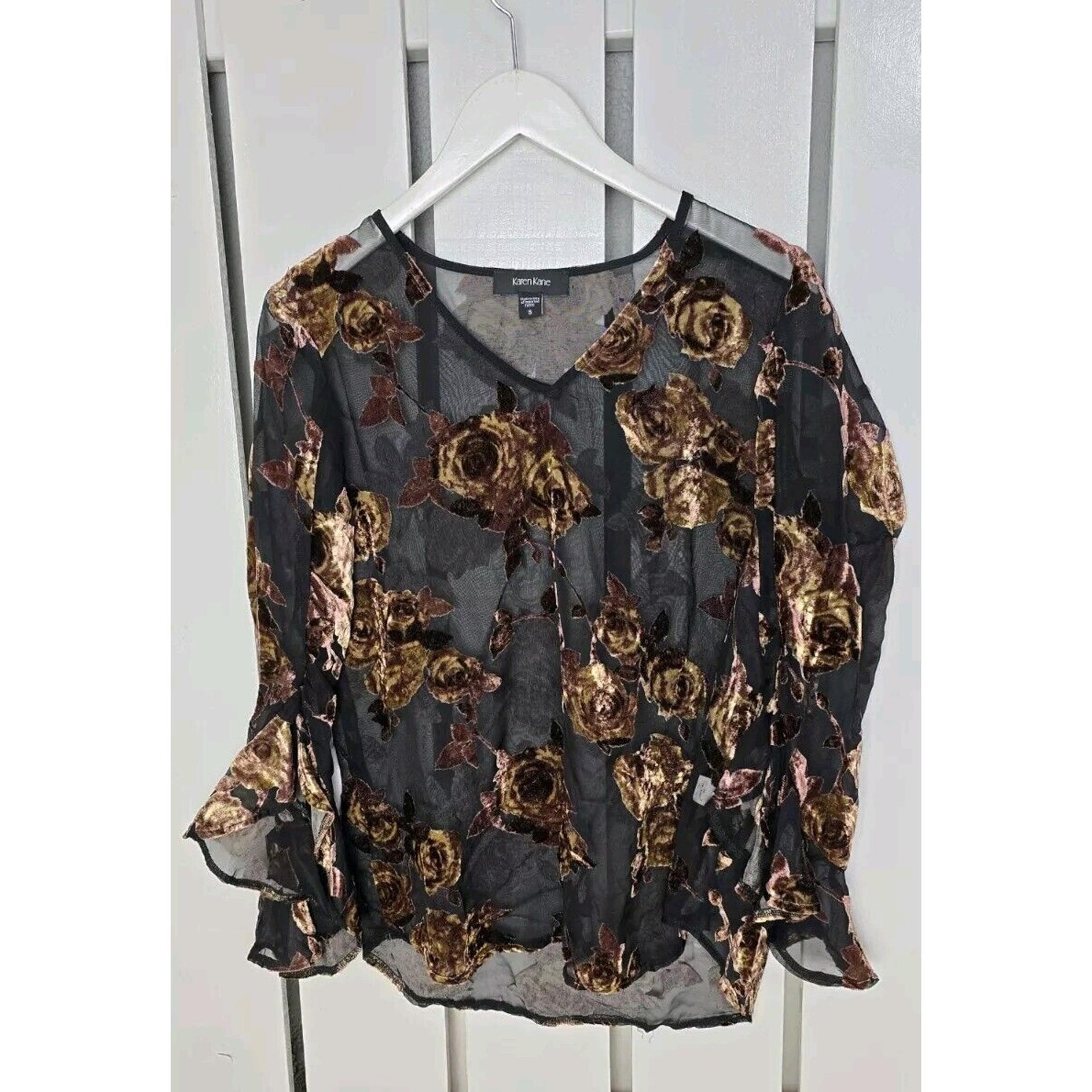 Karen Kane Sheer Velvet Burnout Top Black Rose Flutter Sleeve Whimsigoth Small