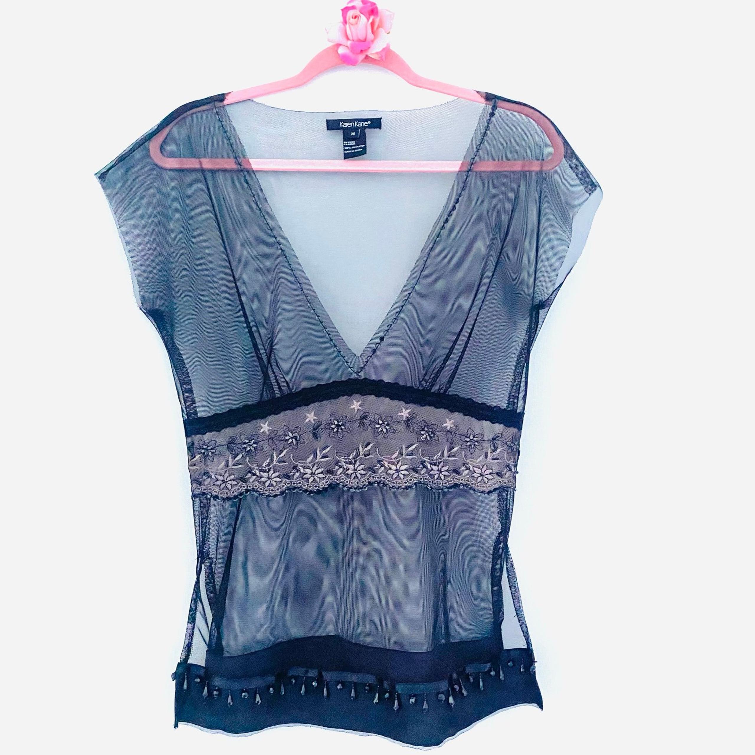 Karen Kane Black Mesh Embellishment Sequin Top Blouse SZ M