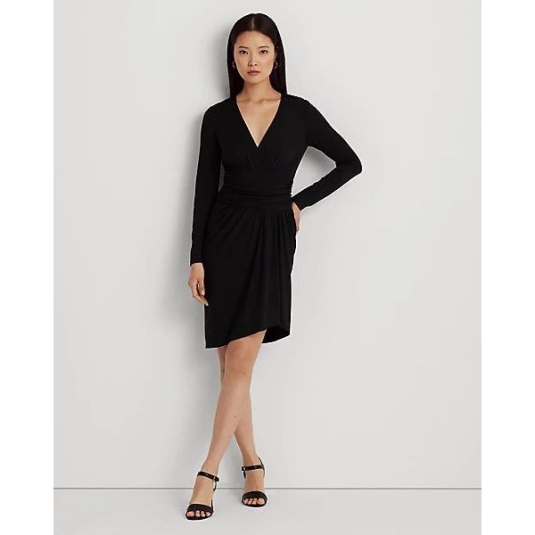Lauren Ralph Lauren Black Faux Wrap Ruched Stretchy Jersey Surplice Dress | 2/XS