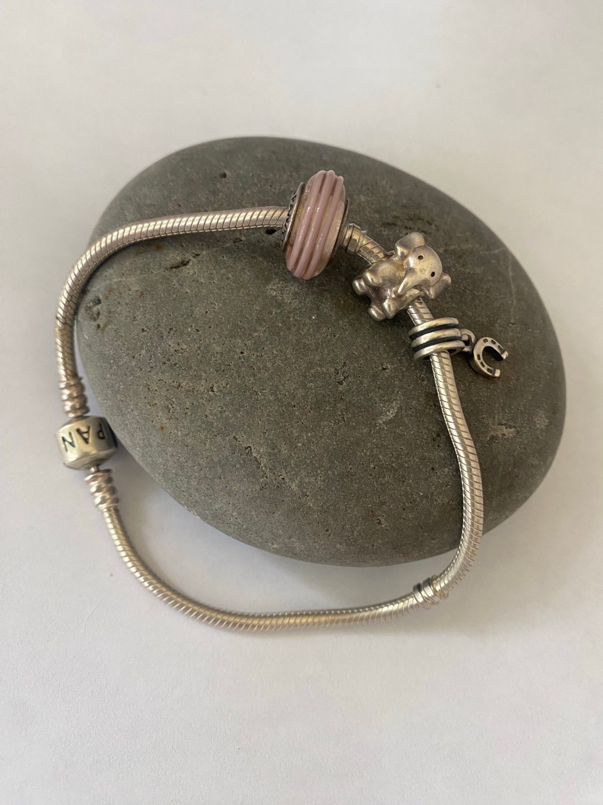 Pandora Sterling Silver Elephant, Horseshoe Pink Enamel Charm Bracelet