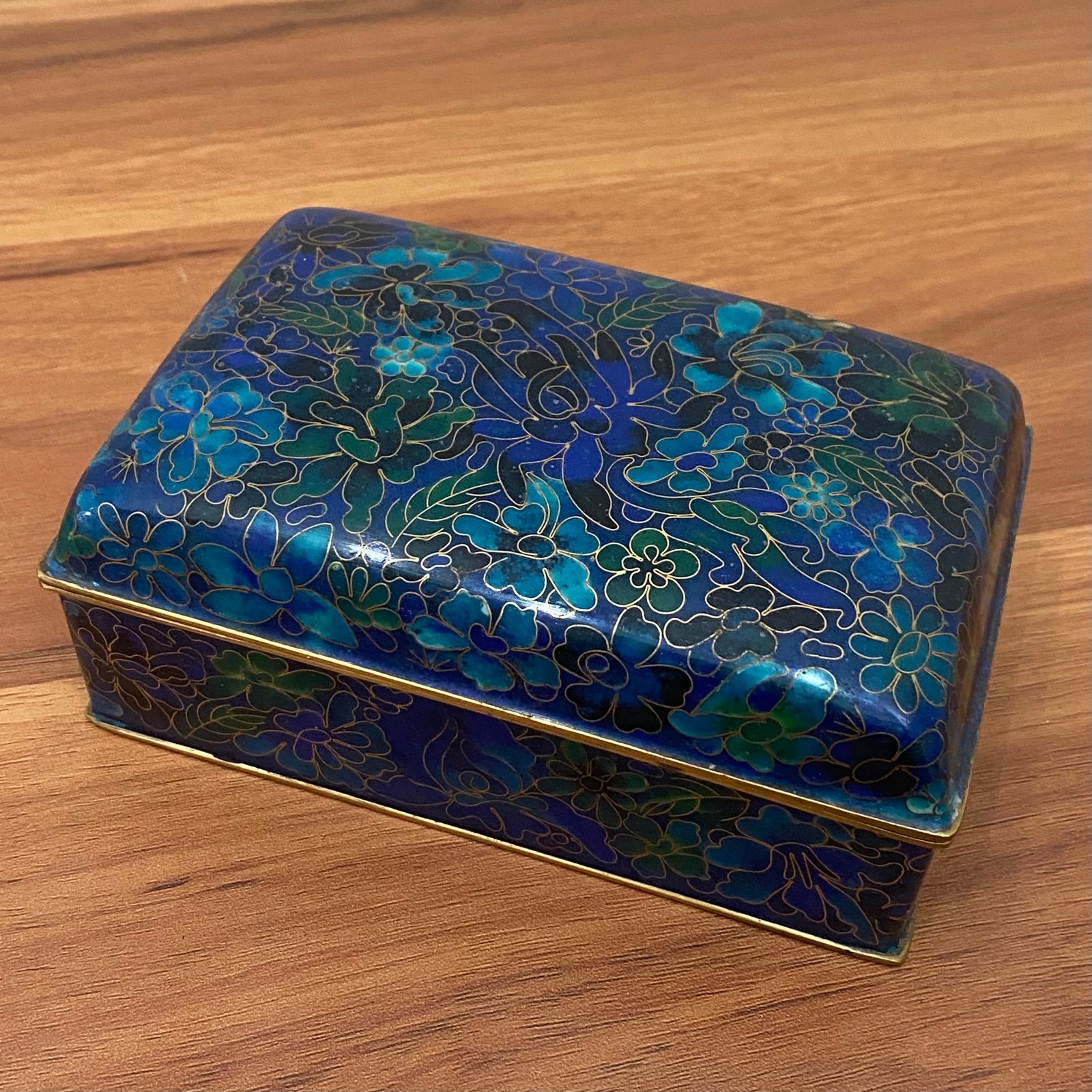 Vintage Chinese Cloisonne Blue Enamel Floral Cigarette Box Hinged Trinket Box