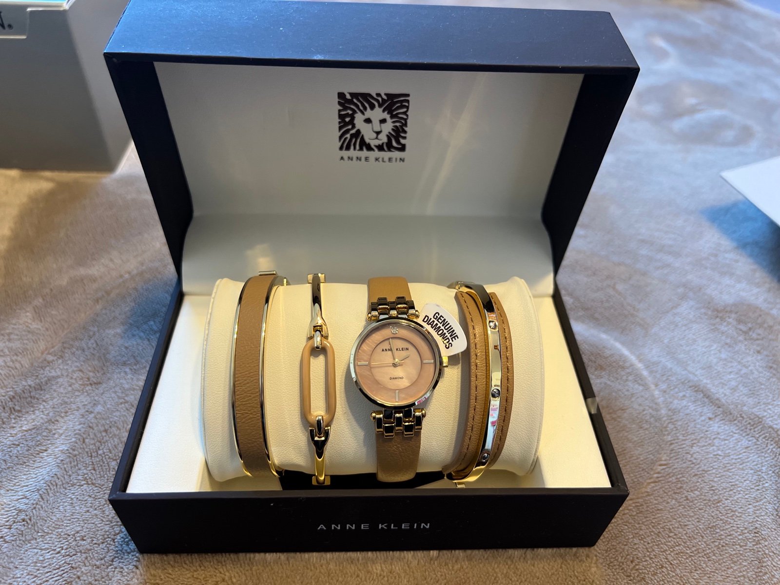 Anne Klein Women's Diamond-Accented and Leather Strap Watch and Bangle Set