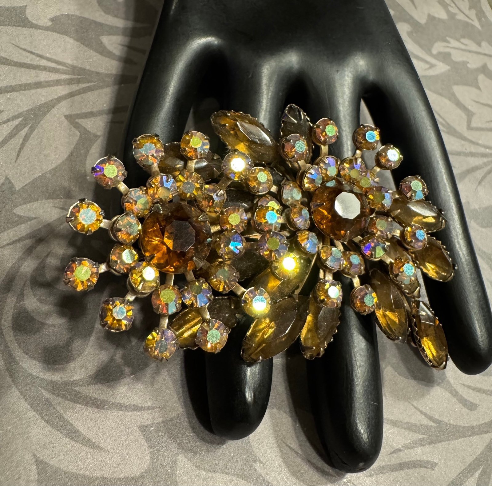 Vintage Brooch, Vintage Amber Brown Aurora Borealis Rhinestone Flower Brooch