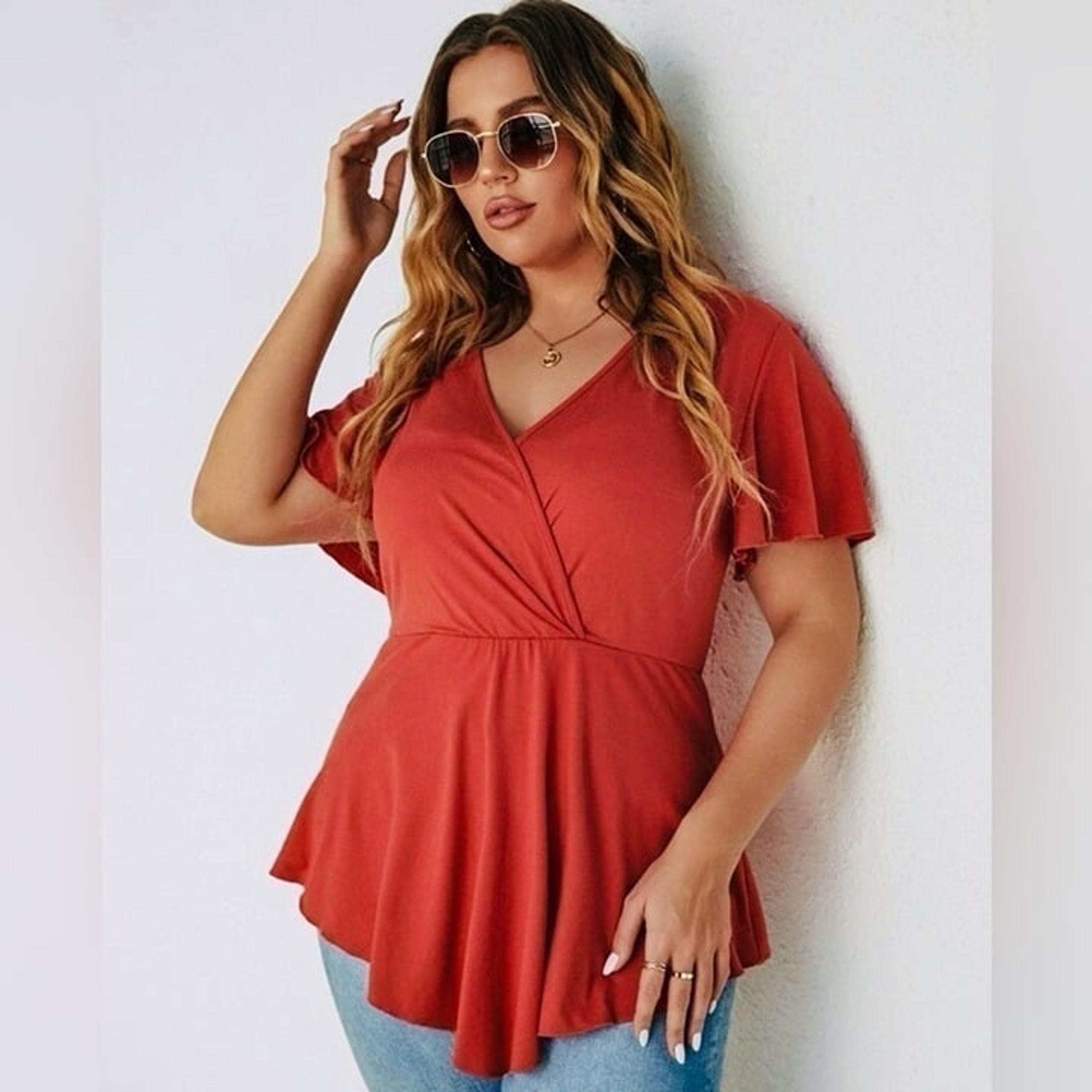 SHEIN faux wrap top, deep v-neck, flutter sleeves, 2X, red/orange