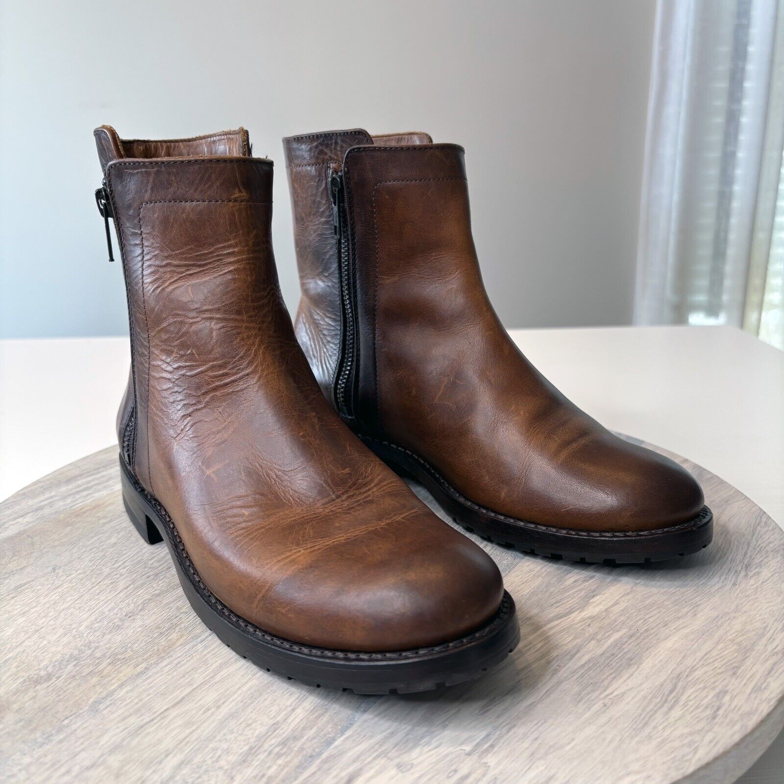 Frye Women's Veronica Brown Leather Zip Booties Biker Boots US Size 7 1/2