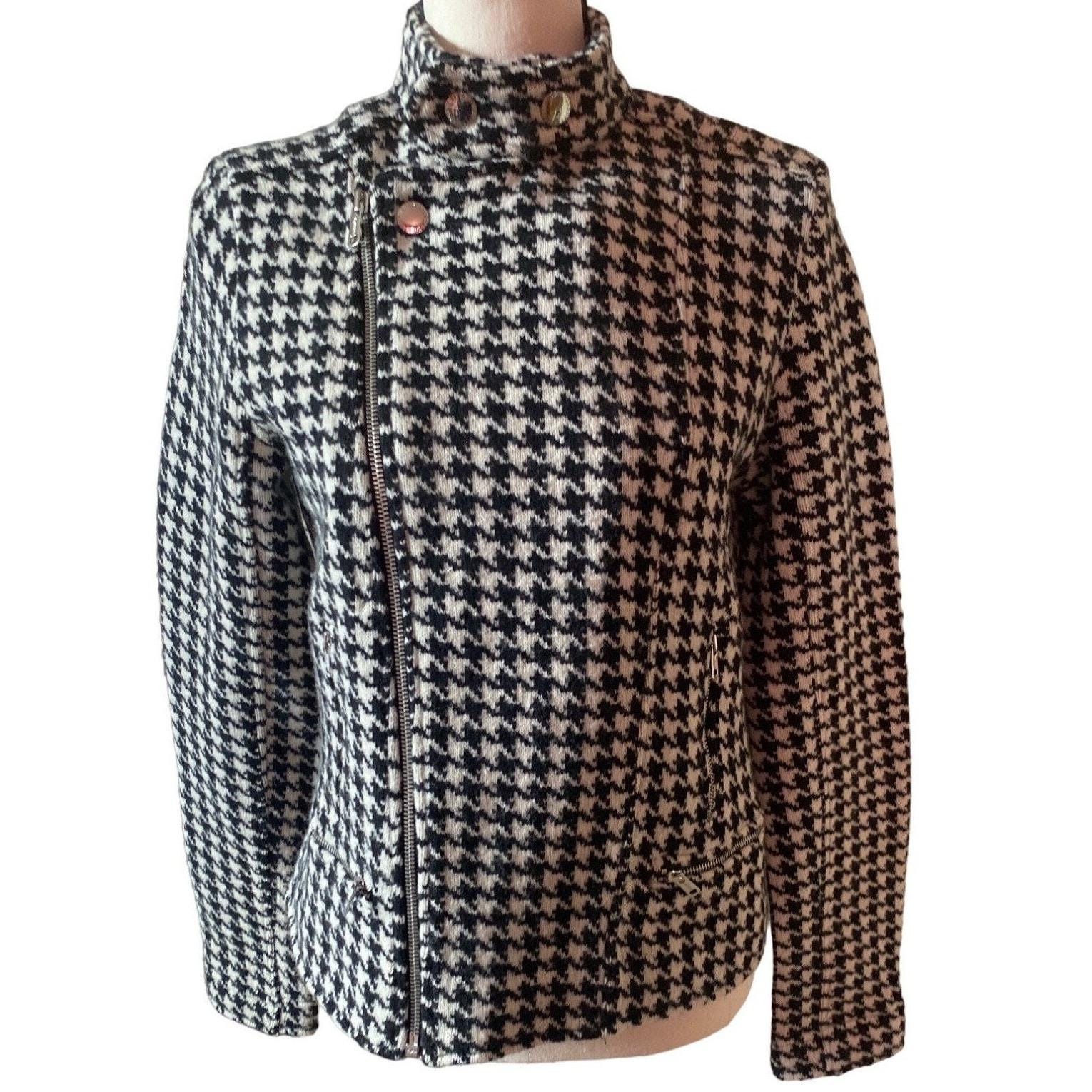 Ralph Lauren cross biker style zip up houndstooth wool Jacket women size L