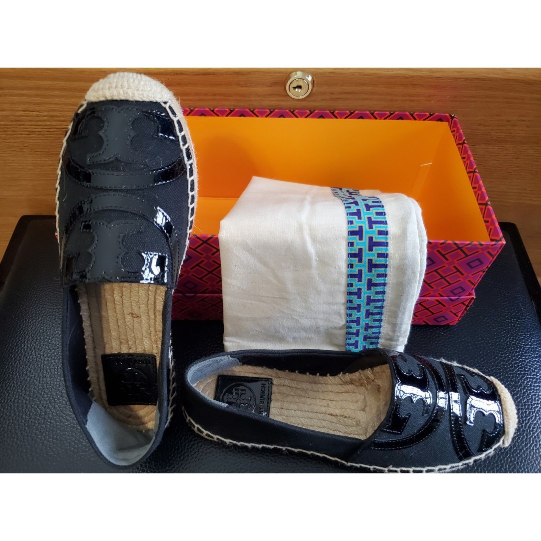 Tory Burch Black Poppy Espadrille Canvas/Patent Leather Flats Size 5.5 NIB