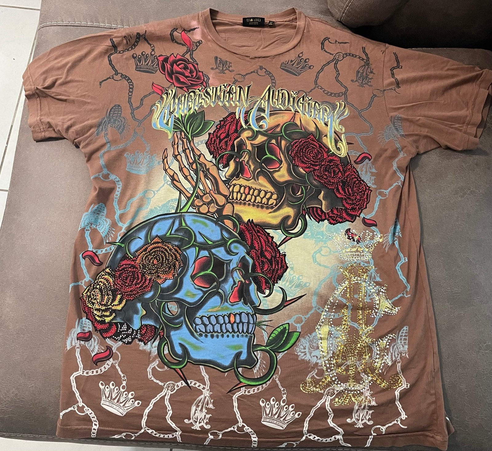 Vintage Y2K Christian Audigier LA Skull Roses Rhinestone Cyber Grunge shirt XXL