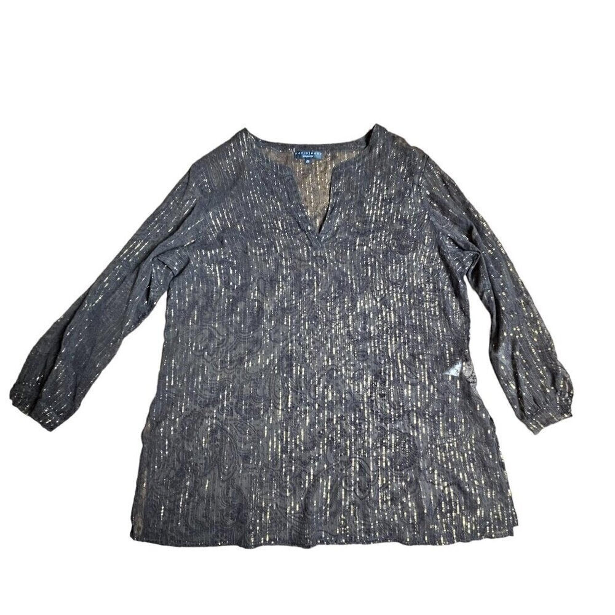 David Dart Silk Blend Sheer Blouse Top Paisley Brown Gold Metallic Tinsel 1X NWT
