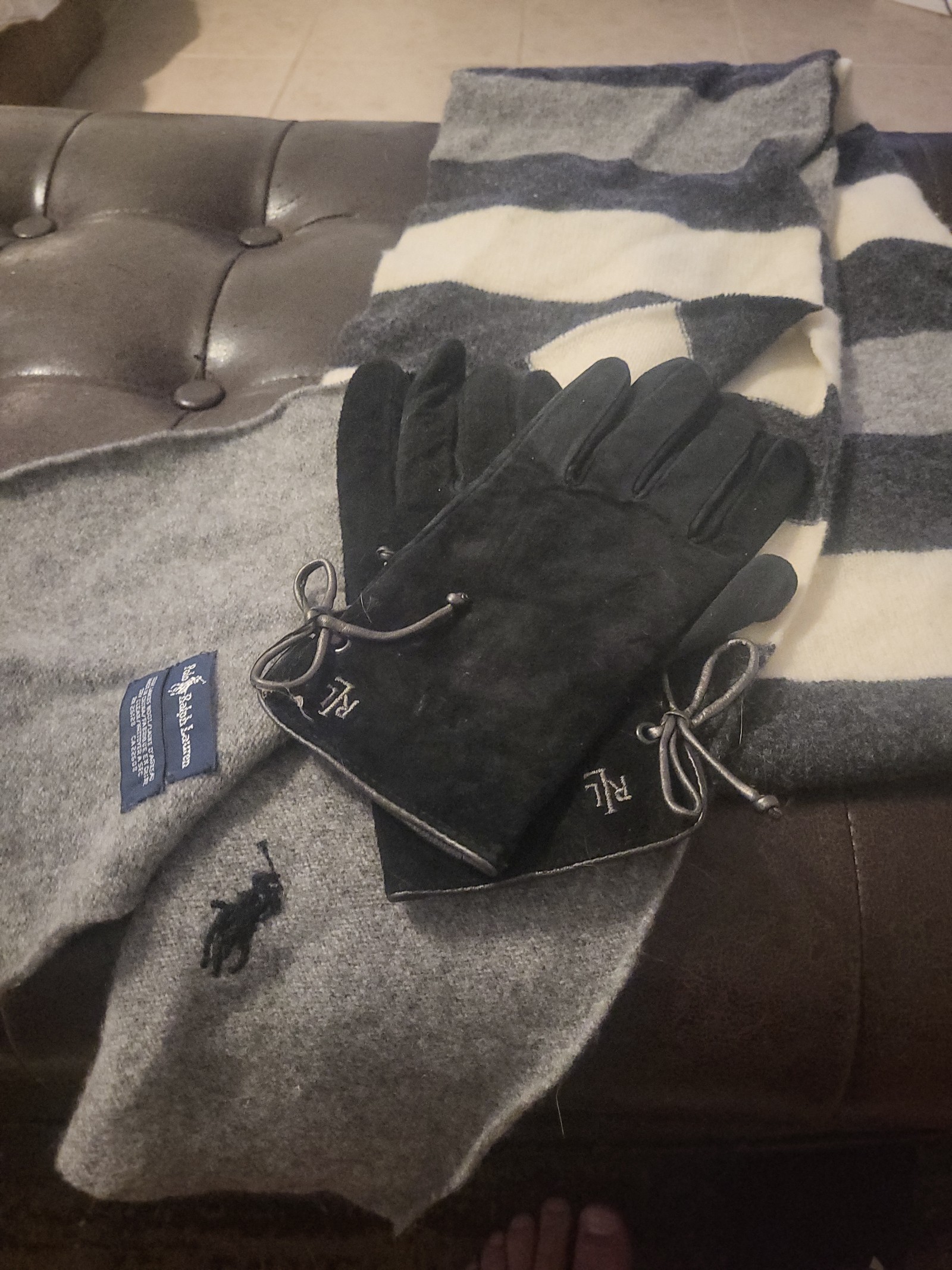 Polo Ralph Lauren 100% Lambswool Scarf 54x12” & lambswool & Leather Gloves