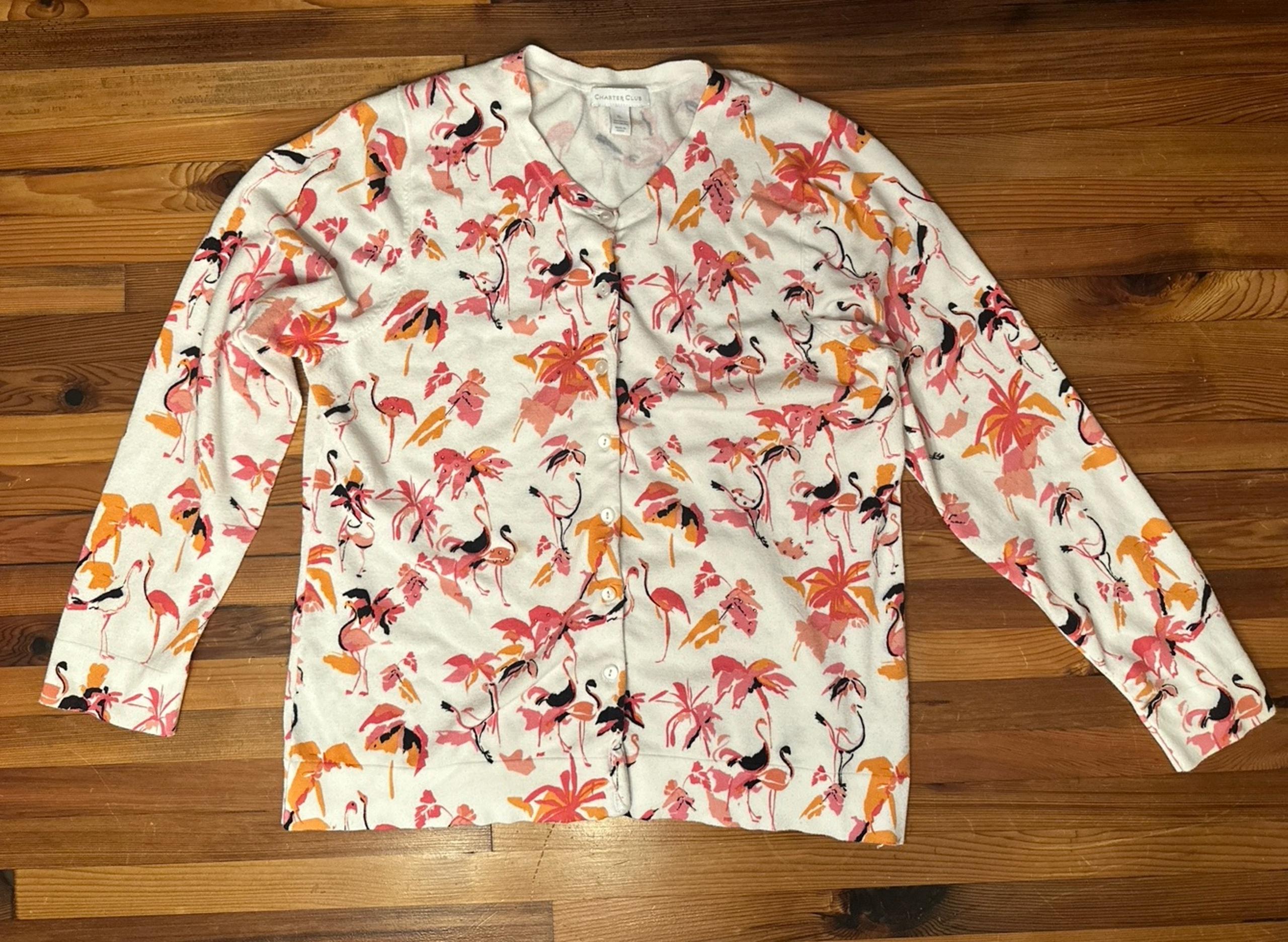 Charter Club White Pink Flamingo Lightweight Cardigan Sweater Womens XL