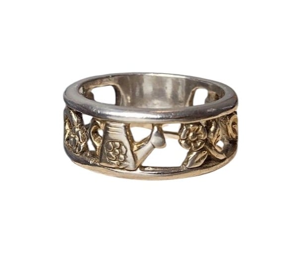 Sterling Silver Gold Accent Garden Gardening Flower Ring Cut Out Size 7.25