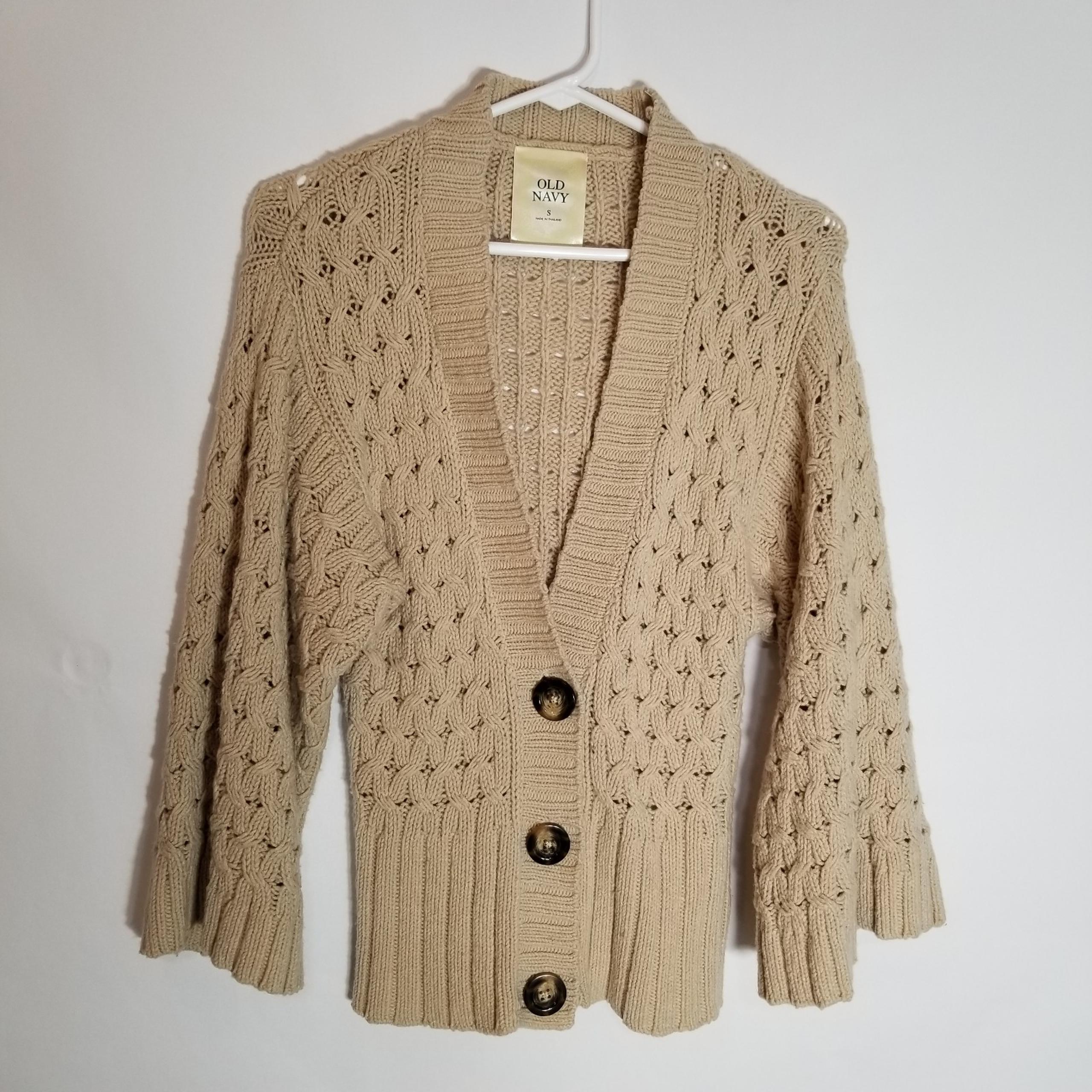 Old Navy Cardigan Women's Small Wool Blend Beige Cable Knit Long Sleeve Sweater