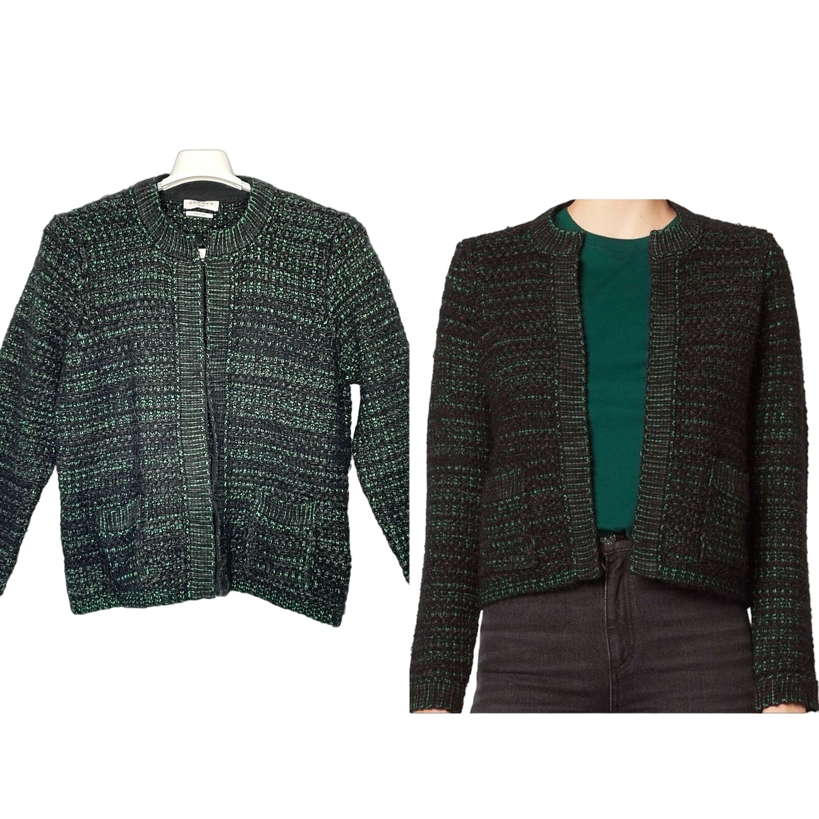 Sandro Green Black Tweed Cardigan Size 3 US Large Hook Closure Pockets