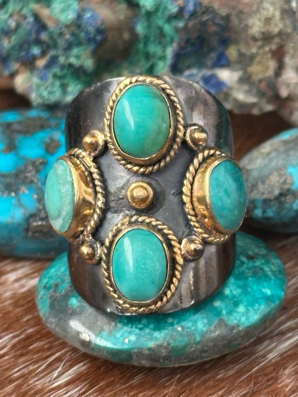 Turquoise sterling silver with gold over accents shield ring