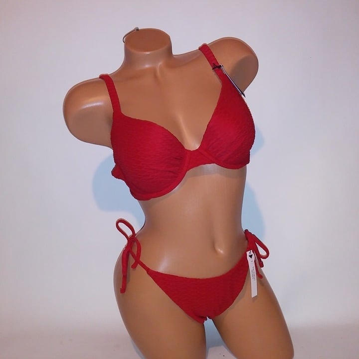 40DD/XL Victoria Secret Swim Bikini Top Bottom Cheeky Red Push Up Textured