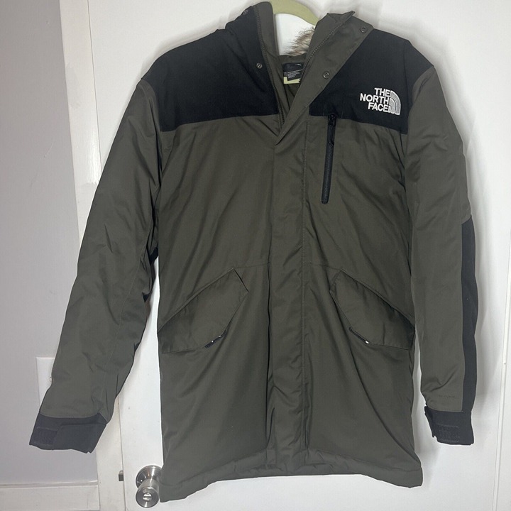 The North Face Faux Fur Removable Full Zip Down Jacket Olive Green Mens S Hooded