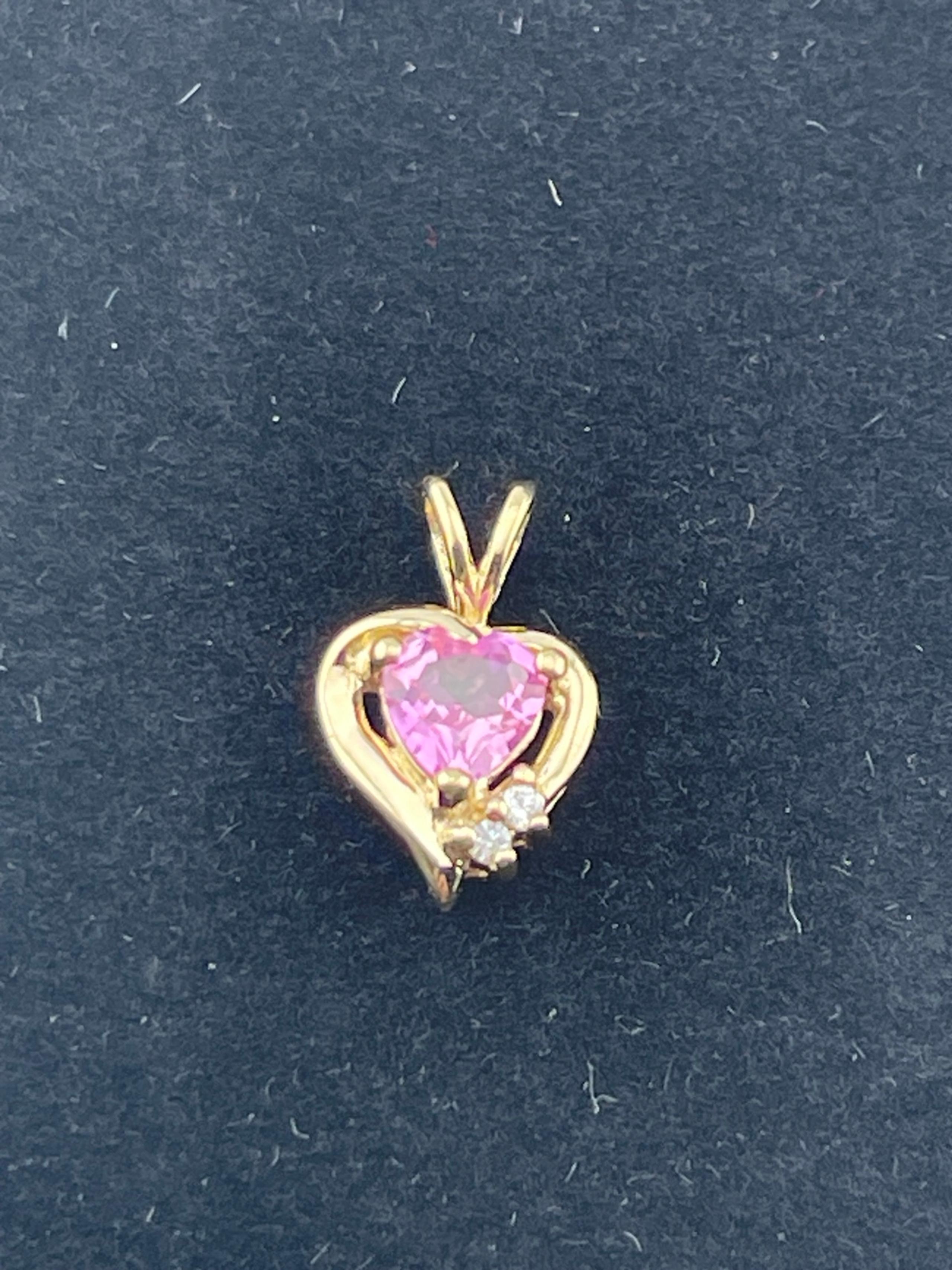 Vintage heart pink, sapphire and diamond pendant, 10 karat yellow gold