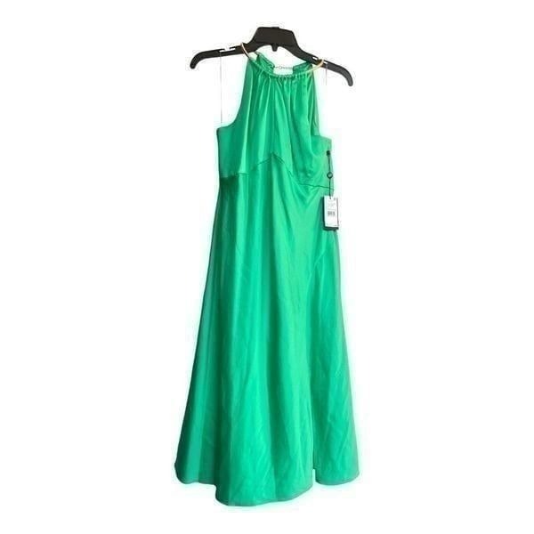 Adrianna Papell Green Satin Gold Choker Chain Neck Formal Maxi Dress Gown Size 6